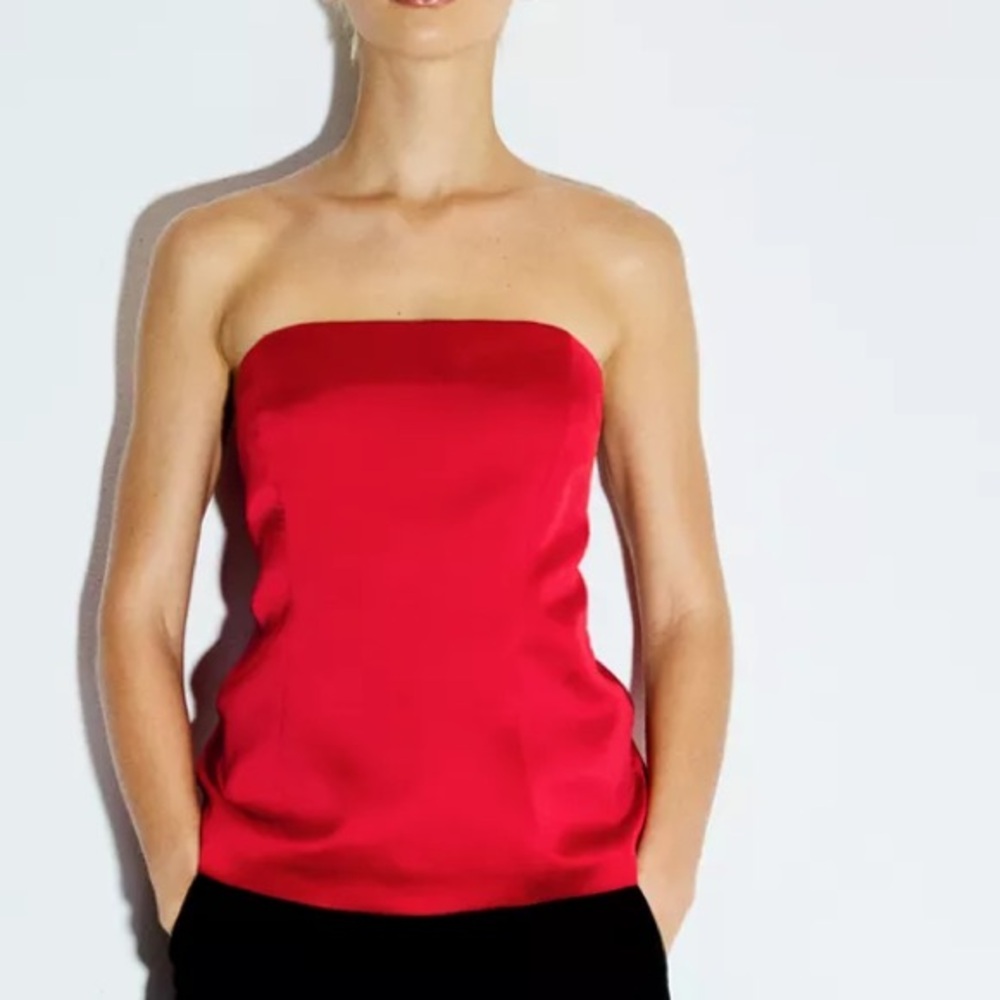 Zara Bold Red Satin Strapless Top